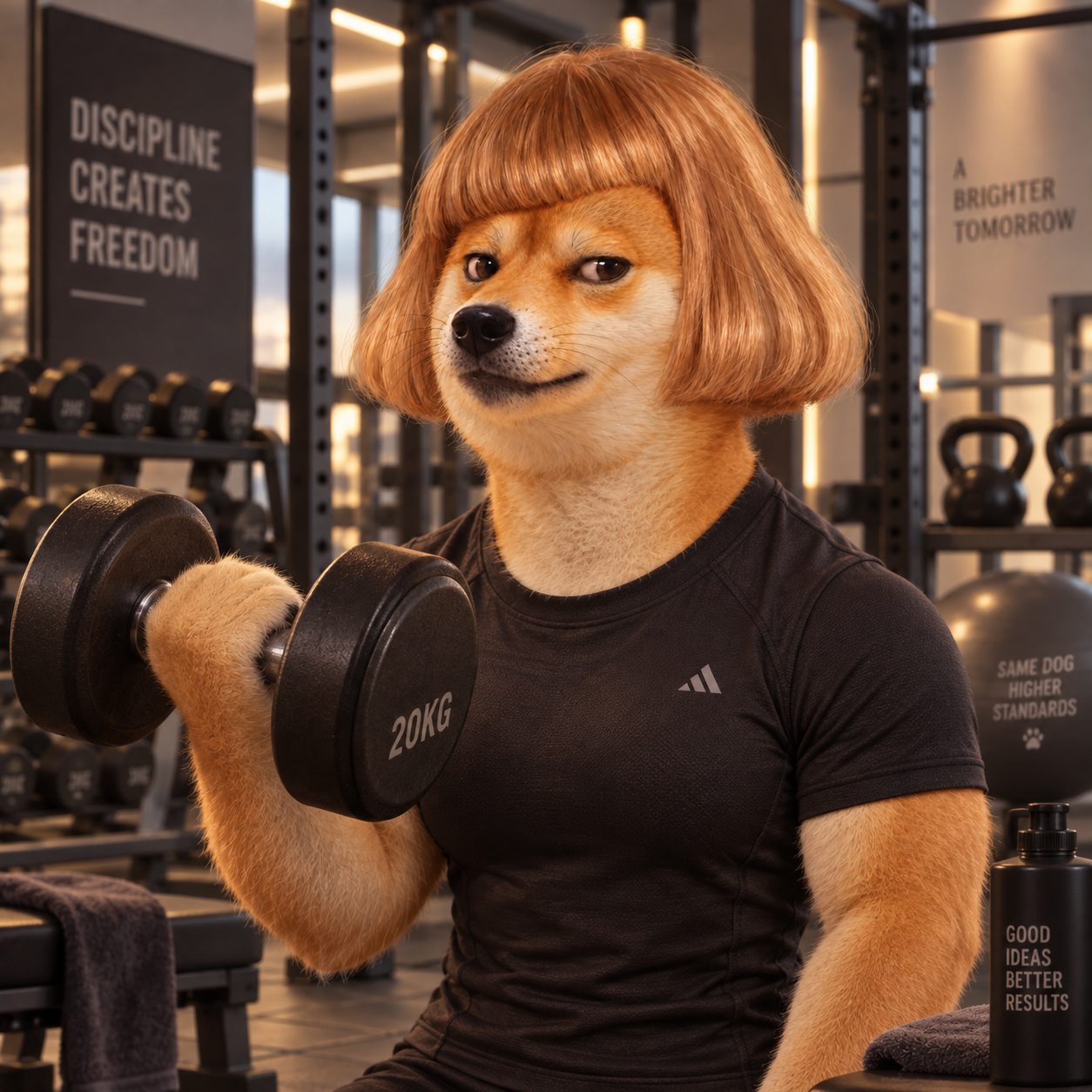 DOGPHIL lifting a dumbbell in a gym